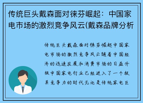 传统巨头戴森面对徕芬崛起：中国家电市场的激烈竞争风云(戴森品牌分析)