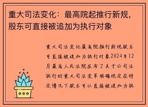 重大司法变化：最高院起推行新规，股东可直接被追加为执行对象
