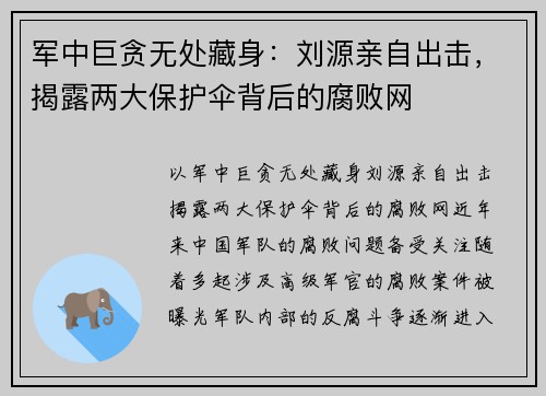 军中巨贪无处藏身：刘源亲自出击，揭露两大保护伞背后的腐败网