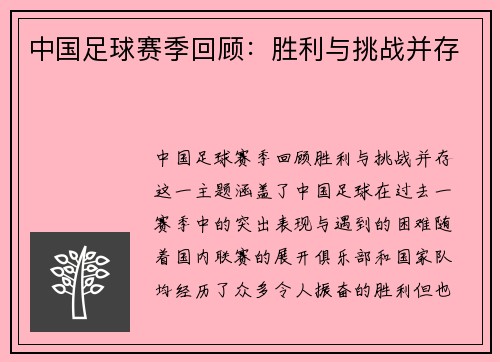 中国足球赛季回顾：胜利与挑战并存