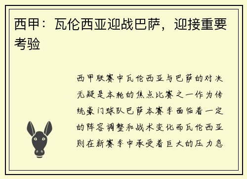 西甲：瓦伦西亚迎战巴萨，迎接重要考验