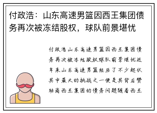 付政浩:山东高速男篮因西王集团债务再次被冻结股权,球队前景堪忧