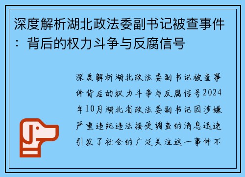 深度解析湖北政法委副书记被查事件：背后的权力斗争与反腐信号
