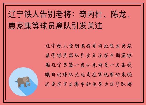 辽宁铁人告别老将：奇内杜、陈龙、惠家康等球员离队引发关注