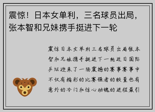 震惊！日本女单利，三名球员出局，张本智和兄妹携手挺进下一轮